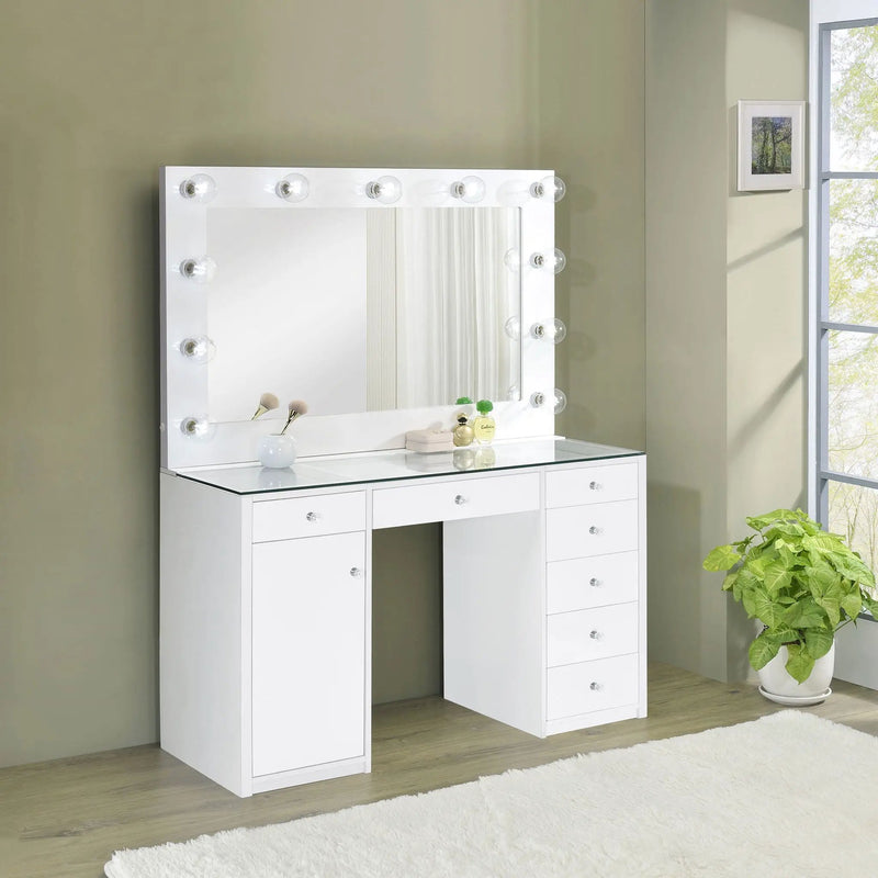 Acena 7-drawer Vanity Set with Lighting White High Gloss by Unique Piece Furniture