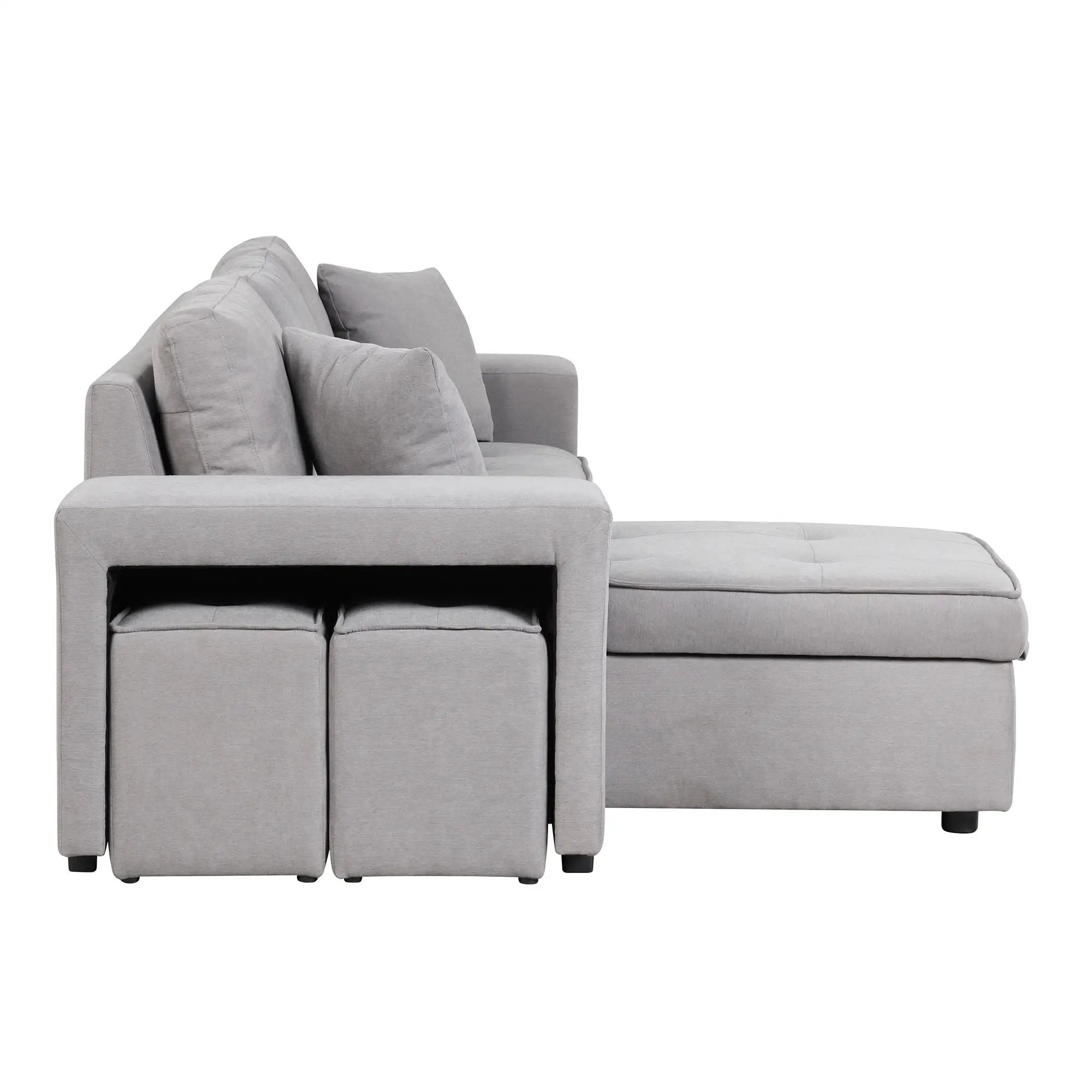 Modern L-Shape 3 Seat Reversible Sectional Couch, Pull Out Sleeper Sofa With Storage Chaise And 2 Stools For Living Room Furniture Set by HouseOfZazla