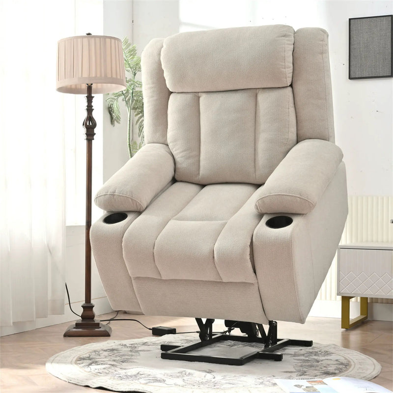 Power Lift Recliner Chair With Extended Footrest, Remote Control, Cup Holders, And Side Pockets by Unique Piece Furniture