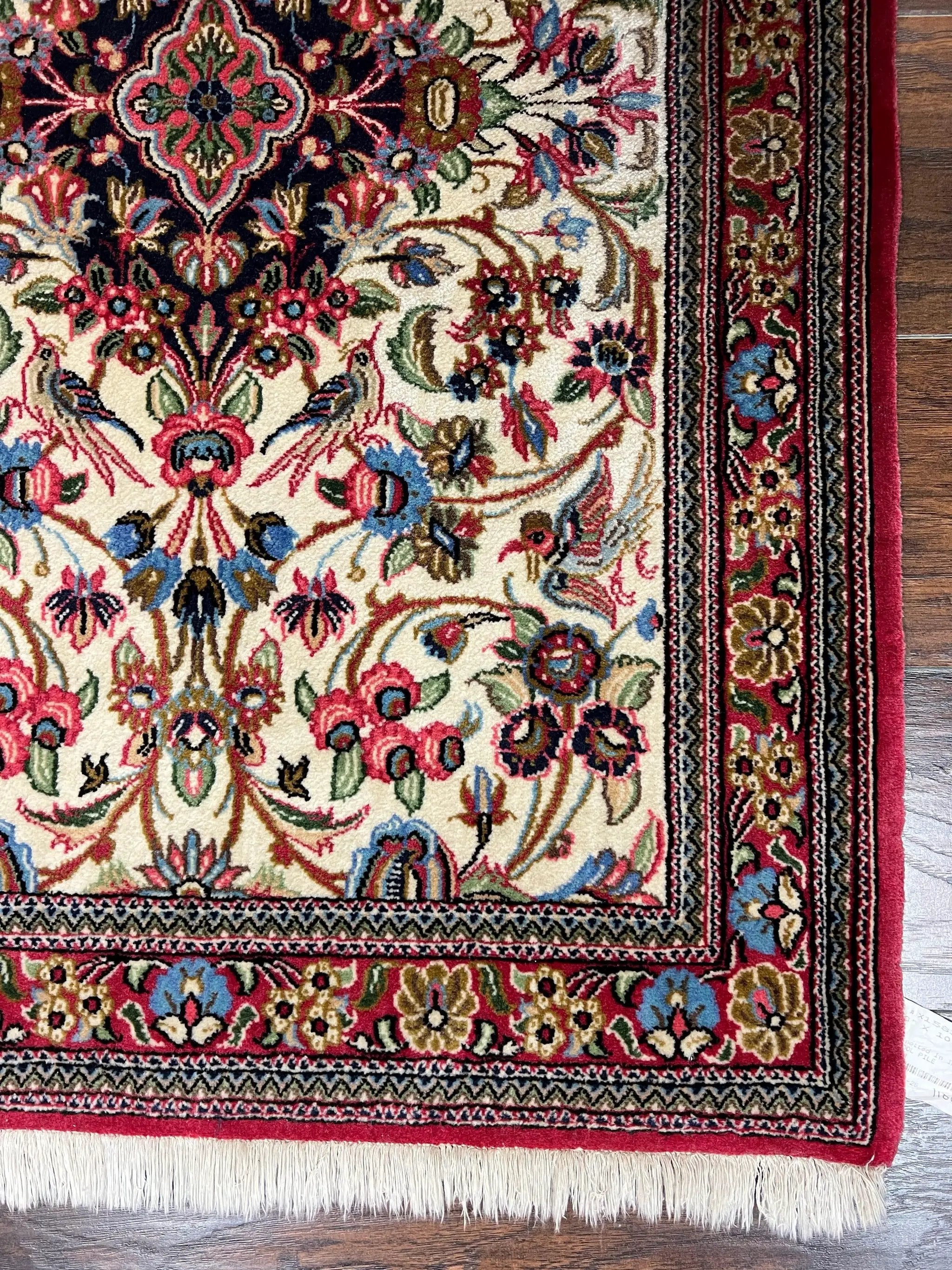 Wonderful Persian Qum Runner Rug 2.8 x 10 ft, Floral Medallions with Bird Motifs, Hand Knotted Wool Fine Oriental 10ft Hallway Runner, Cream Red by Jewel Rugs