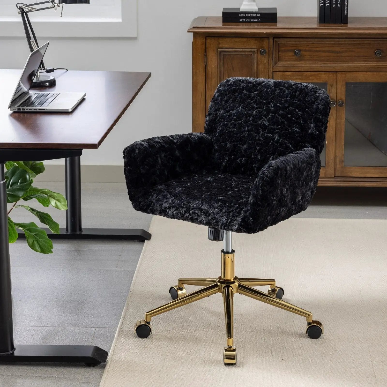 Office Chair, Artificial Rabbit Hair Home Office Chair With Metal Base, Adjustable Desk Chair Swivel Office Chair, Vanity Chair by Unique Piece Furniture