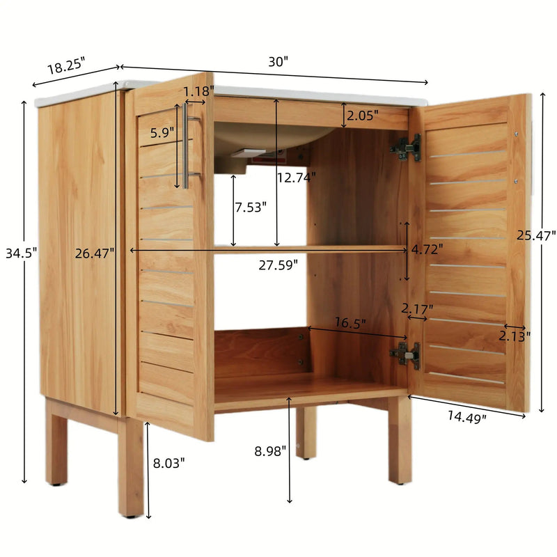 Bathroom Vanity With Ceramic Sink, Freestanding Cabinet - Antique Natural / Brown by HouseOfZazla