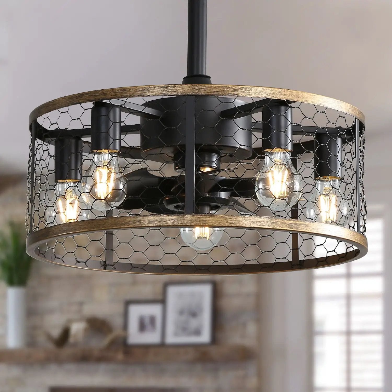 20" Industrial Caged Ceiling Fan With 7 - ABS Blades Remote Control, Small Ceiling Fan Reversible DC Motor - Black by Unique Piece Furniture