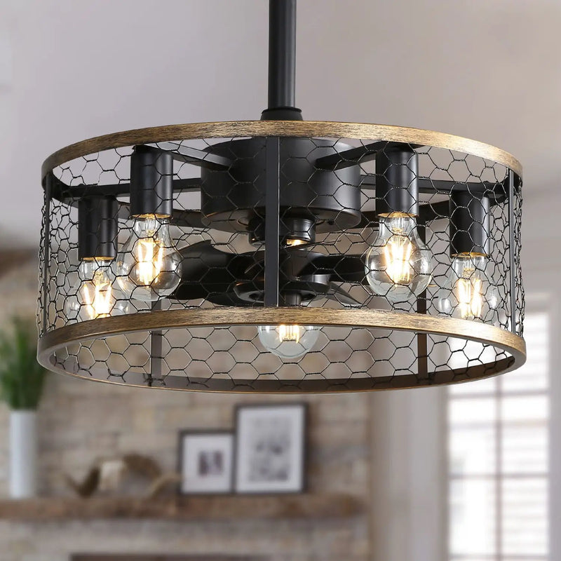 20" Industrial Caged Ceiling Fan With 7 - ABS Blades Remote Control, Small Ceiling Fan Reversible DC Motor - Black by Unique Piece Furniture