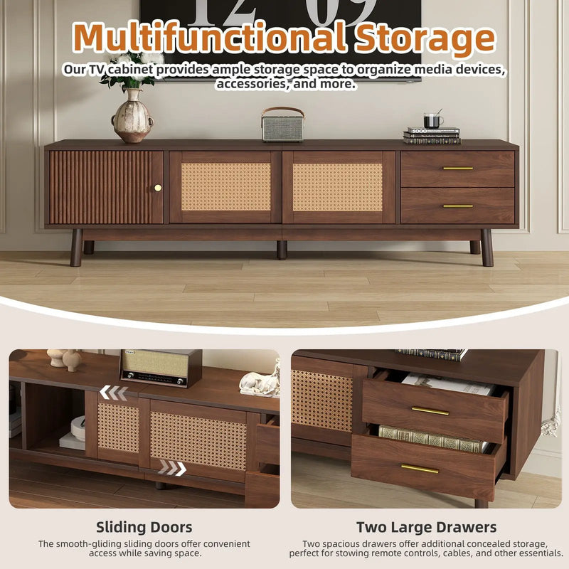 TV Stand For 80" TVs With Sliding Doors And Drawers, Accent Storage Unit - Dark Brown by Unique Piece Furniture