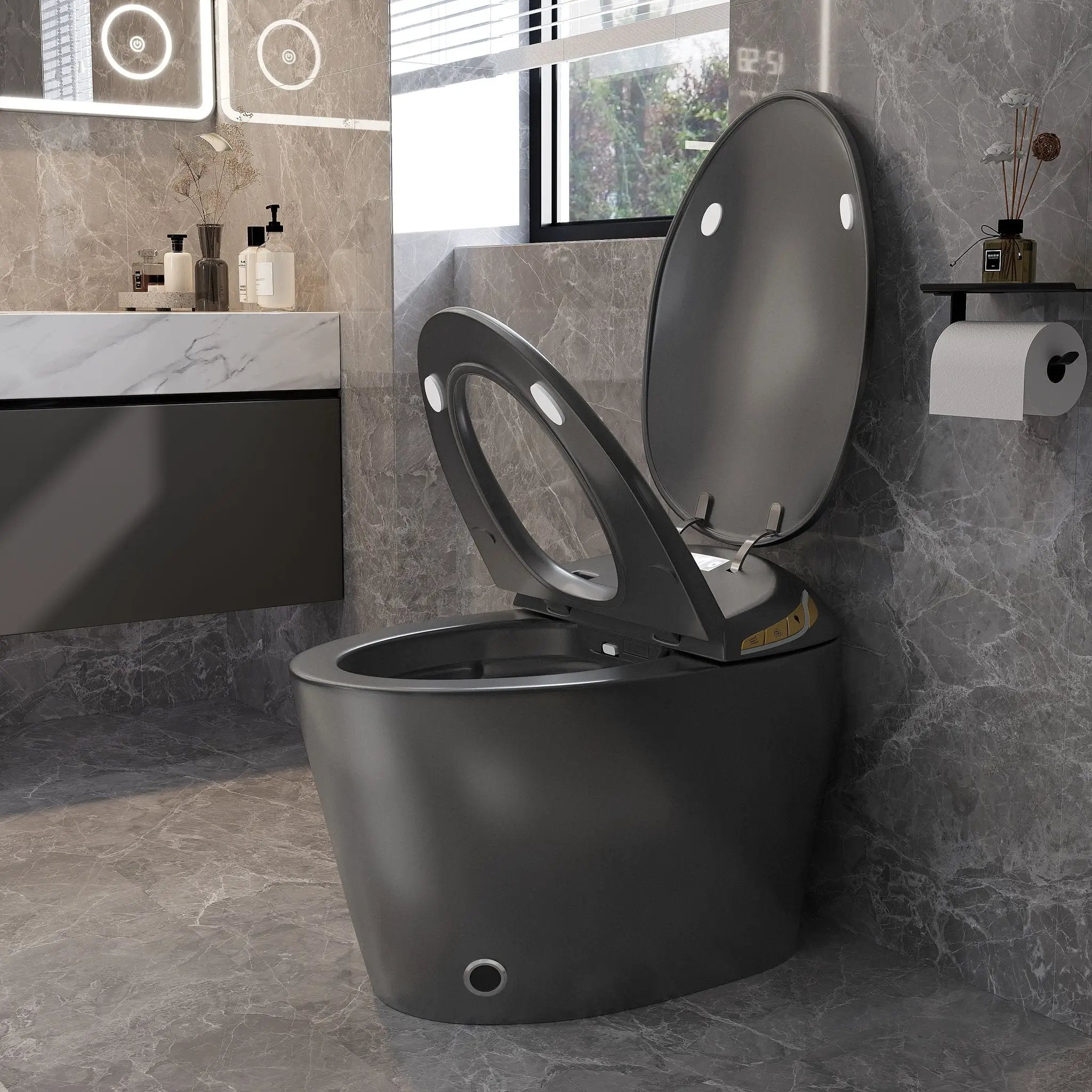 Unique Smart Toile With Built In Bidet, Auto Open / Close Seat, Foot Sensor, LED Display, Night Light, Warm Water & Dryer Ceramic by HouseOfZazla