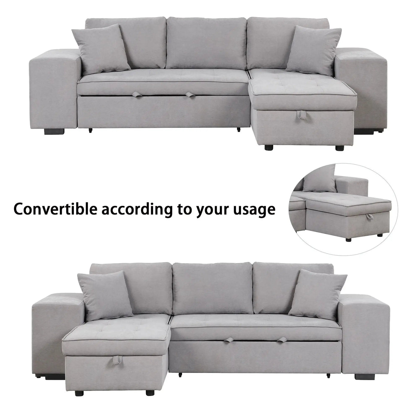 Modern L-Shape 3 Seat Reversible Sectional Couch, Pull Out Sleeper Sofa With Storage Chaise And 2 Stools For Living Room Furniture Set by Unique Piece Furniture
