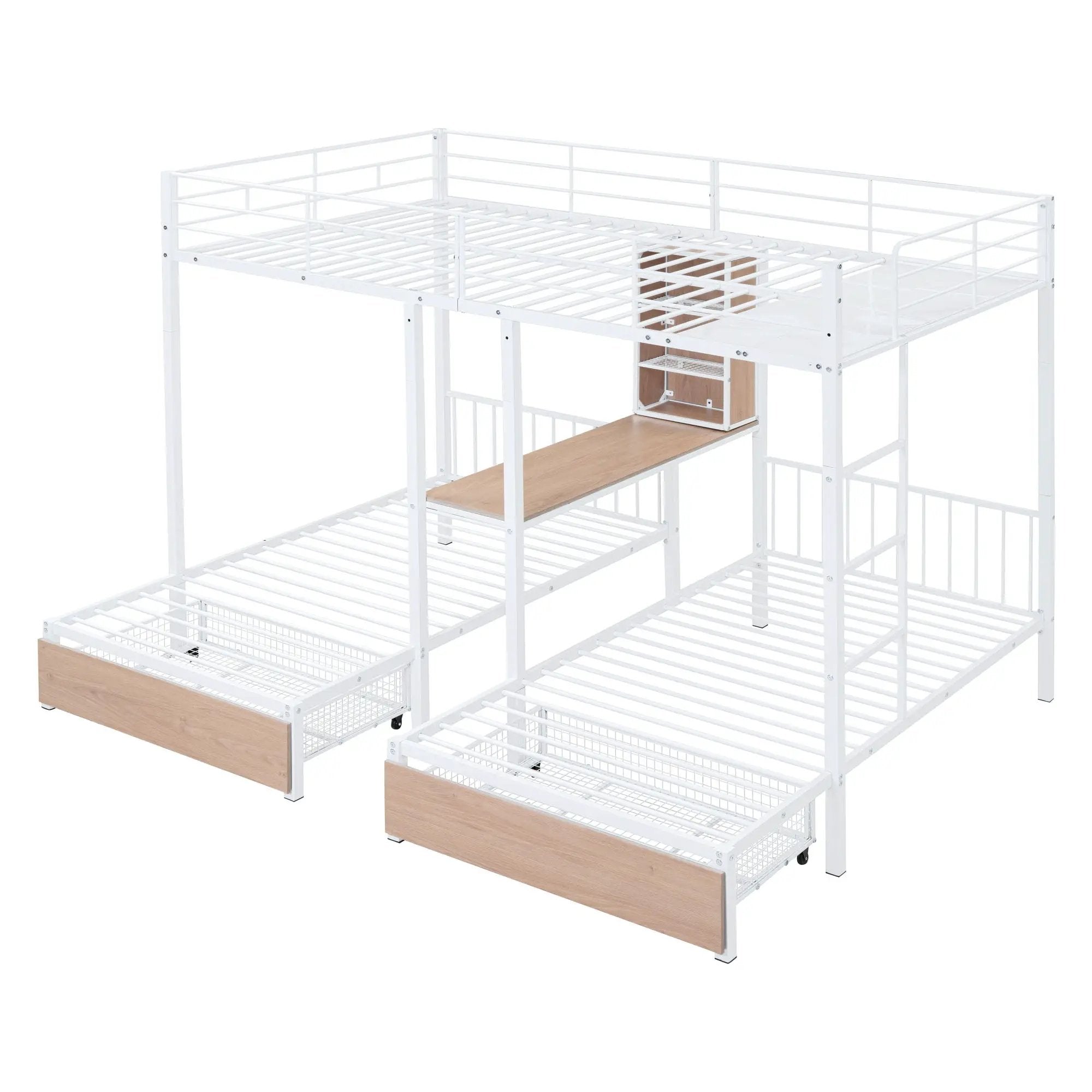 Triple Bunk Bed With Drawers, Multi-Functional Frame With Desks And Shelves In The Middle by HouseOfZazla