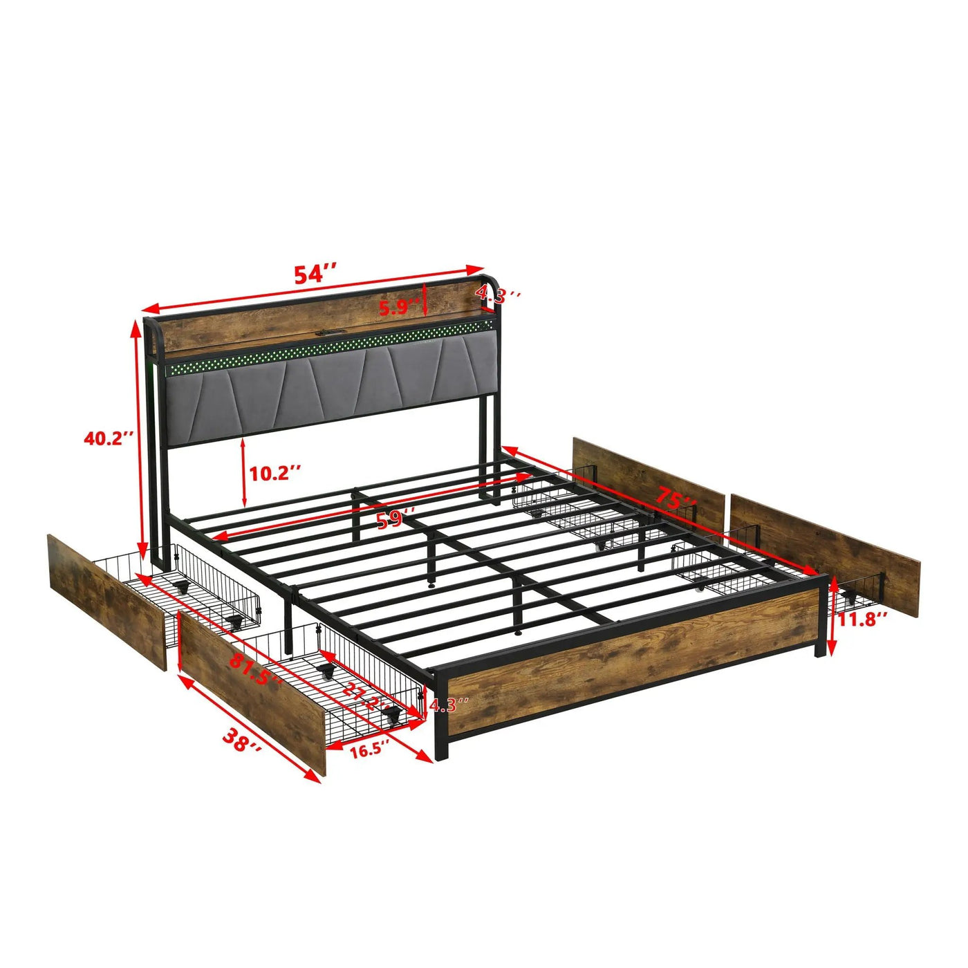 Contemporary Bed Frame With Storage Headboard, Charging Station, LED Lights by HouseOfZazla