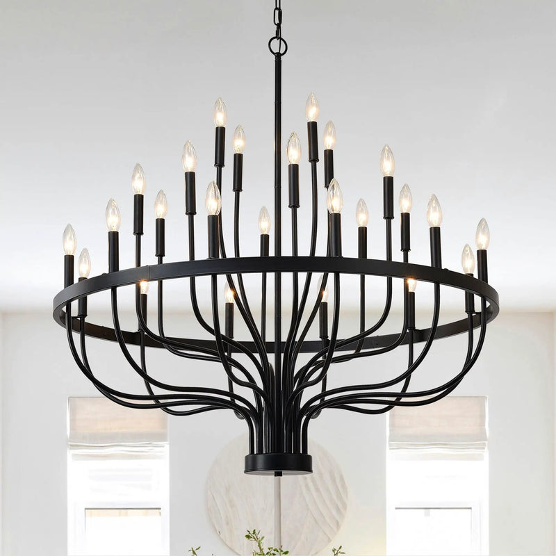 24 Light Chandelier Industrial Iron Candle Chandelier Modern Suspended Farmhouse Chandeliers Pendant Light Fixtures For Dining Room Bedroom Living Room Kitchen Island Foyer E12 Bulb (No Include) - Black by Unique Piece Furniture