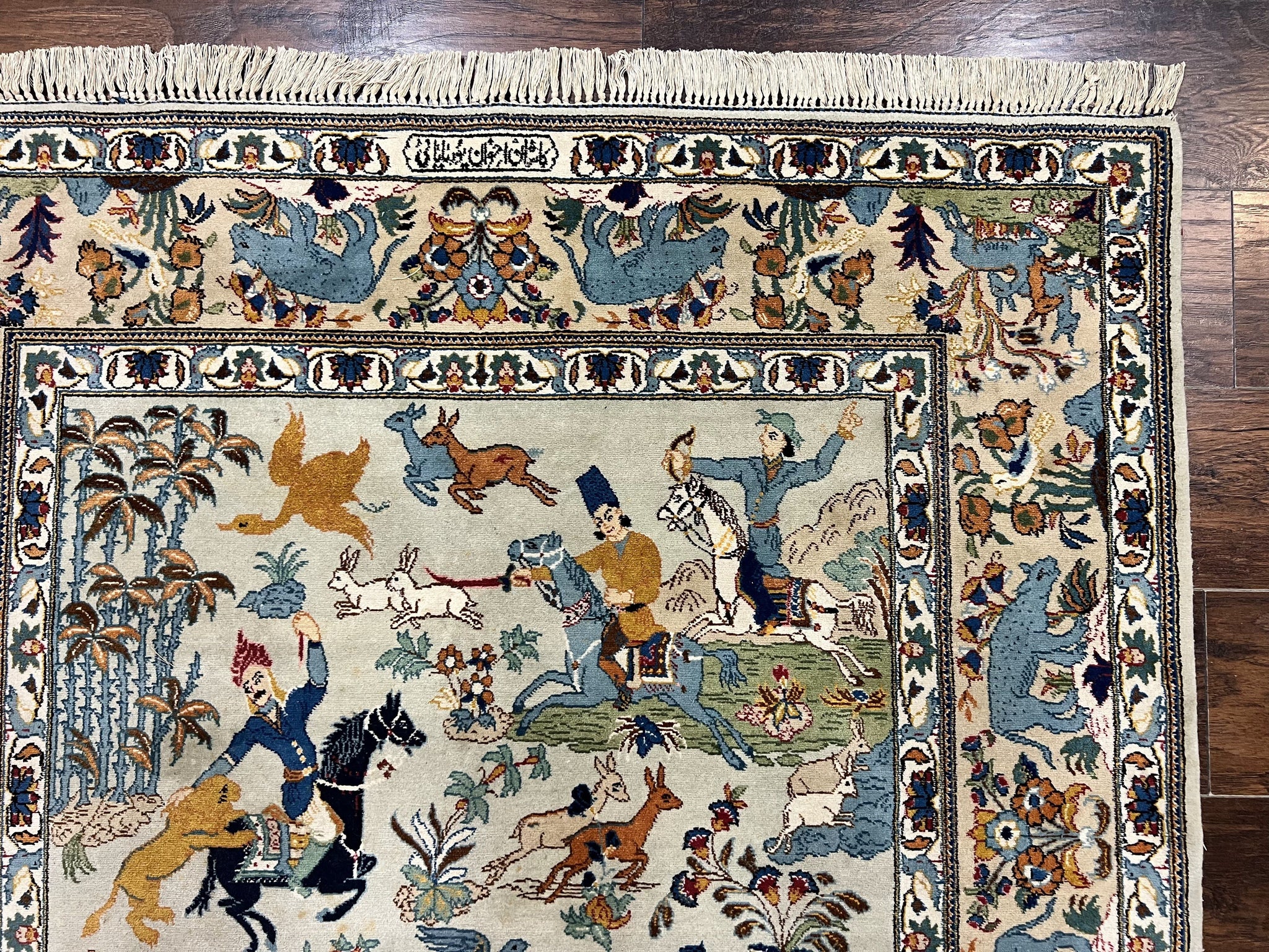 Persian Kashan Pictorial Rug 4.6 x 7, Hunting Scene, Signed by Masterweaver, Animal Pictorials, Rare, Handmade, Wool, Vintage, Very Fine by Jewel Rugs