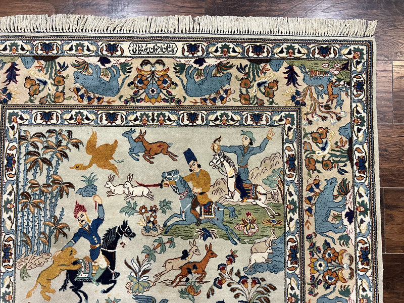 Persian Kashan Pictorial Rug 4.6 x 7, Hunting Scene, Signed by Masterweaver, Animal Pictorials, Rare, Handmade, Wool, Vintage, Very Fine by Jewel Rugs