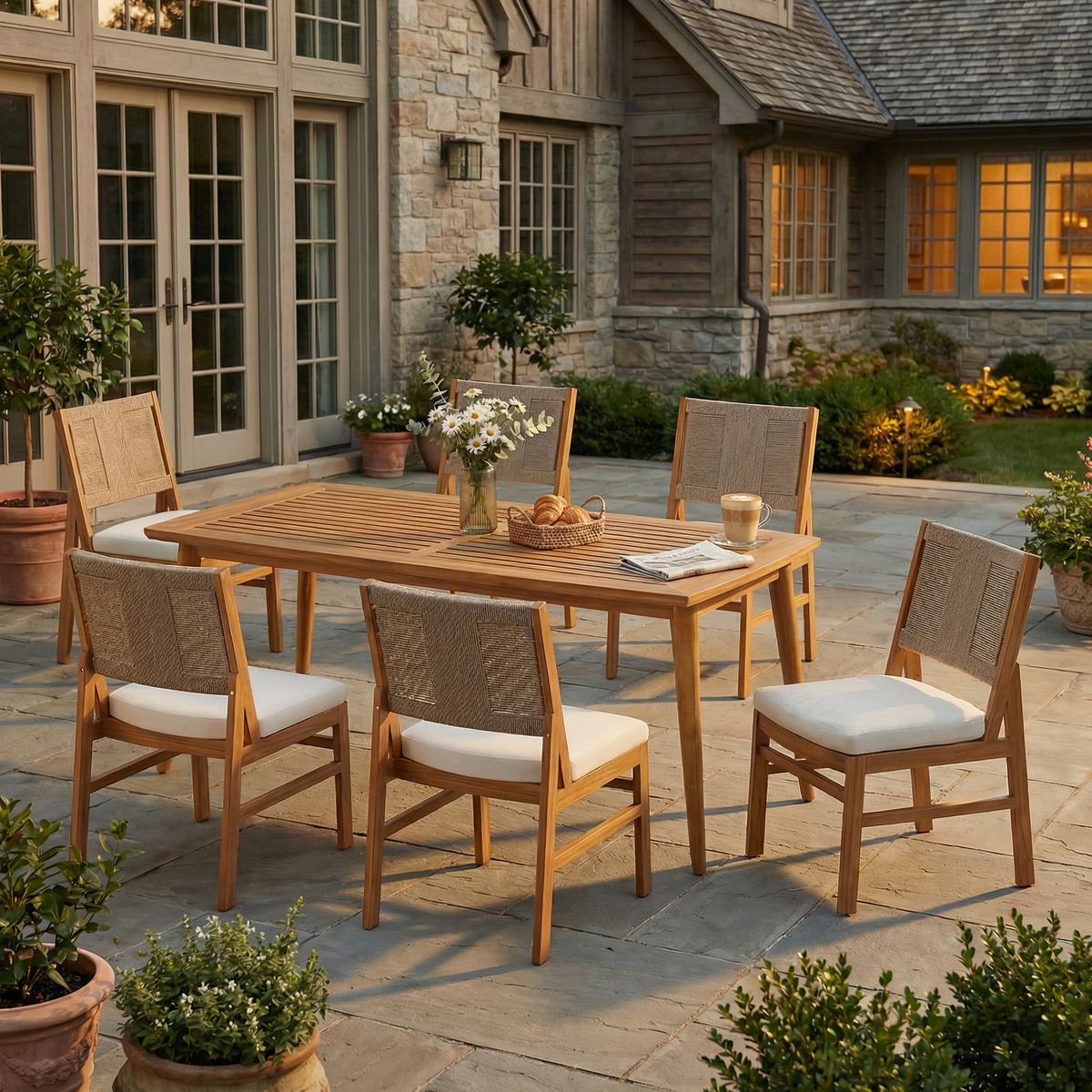 7-Piece Outdoor Dining Set with Expandable Acacia Wood Table and Rope Chairs - Gray, Teak, photo 3 of 10