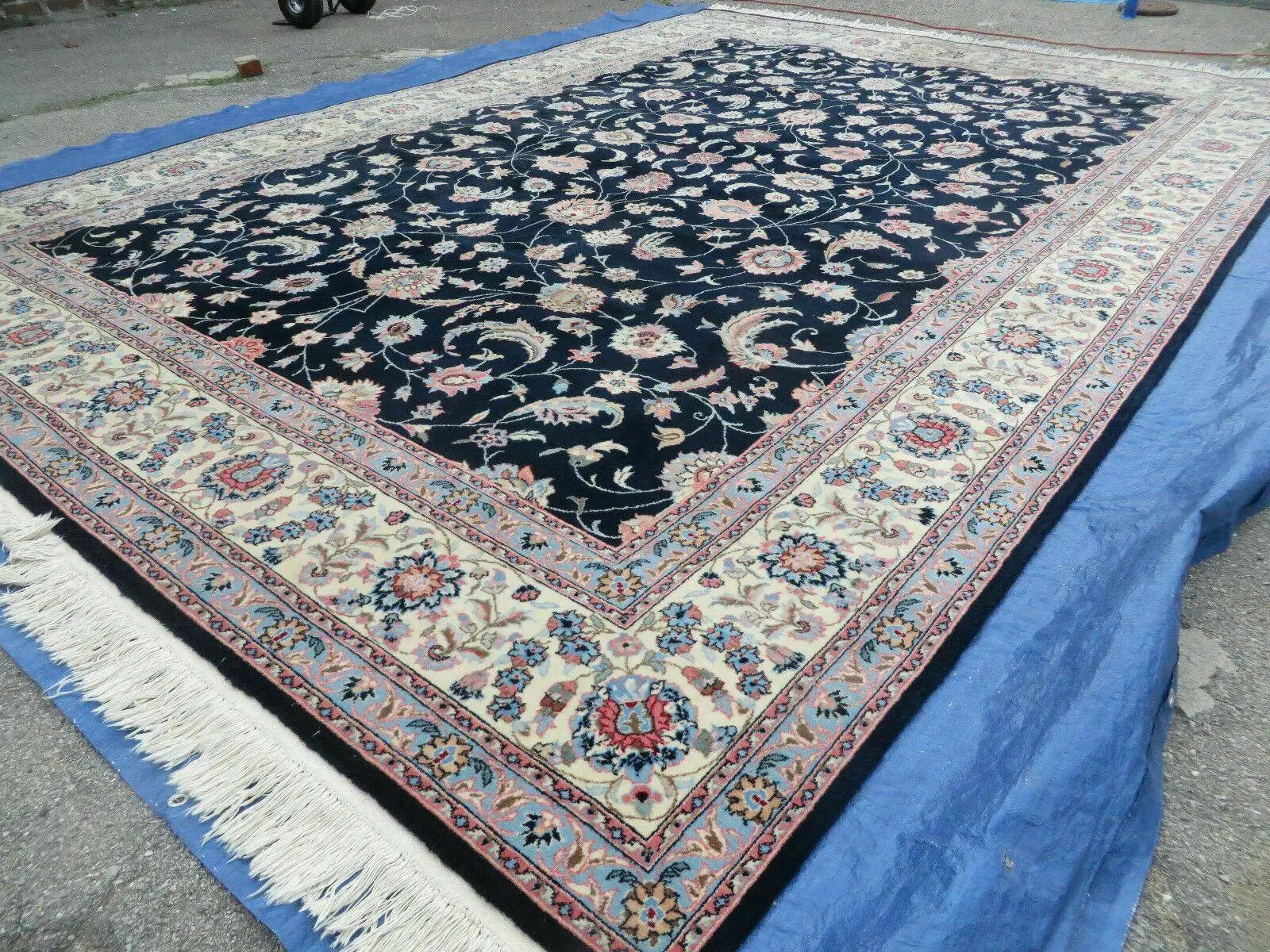 Large Indo Persian Rug 10x14, Wool Hand-Knotted Carpet, Navy Blue Ivory by Jewel Rugs