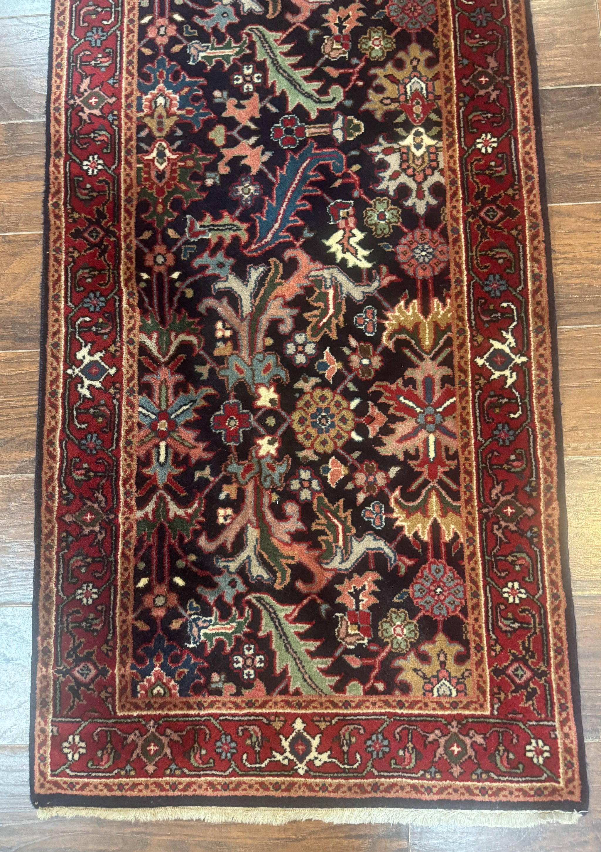 Indo Persian Runner Rug 2.7 x 13, Navy Blue and Red, Allover Floral, Wool, 13ft Runner by Jewel Rugs