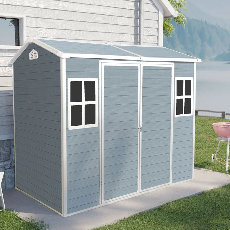 Resin Outdoor Storage Shed With Two - Window And Double - Door, Plastic Shed With Floor For Gargen, Patio, Yard, Lawn by HouseOfZazla