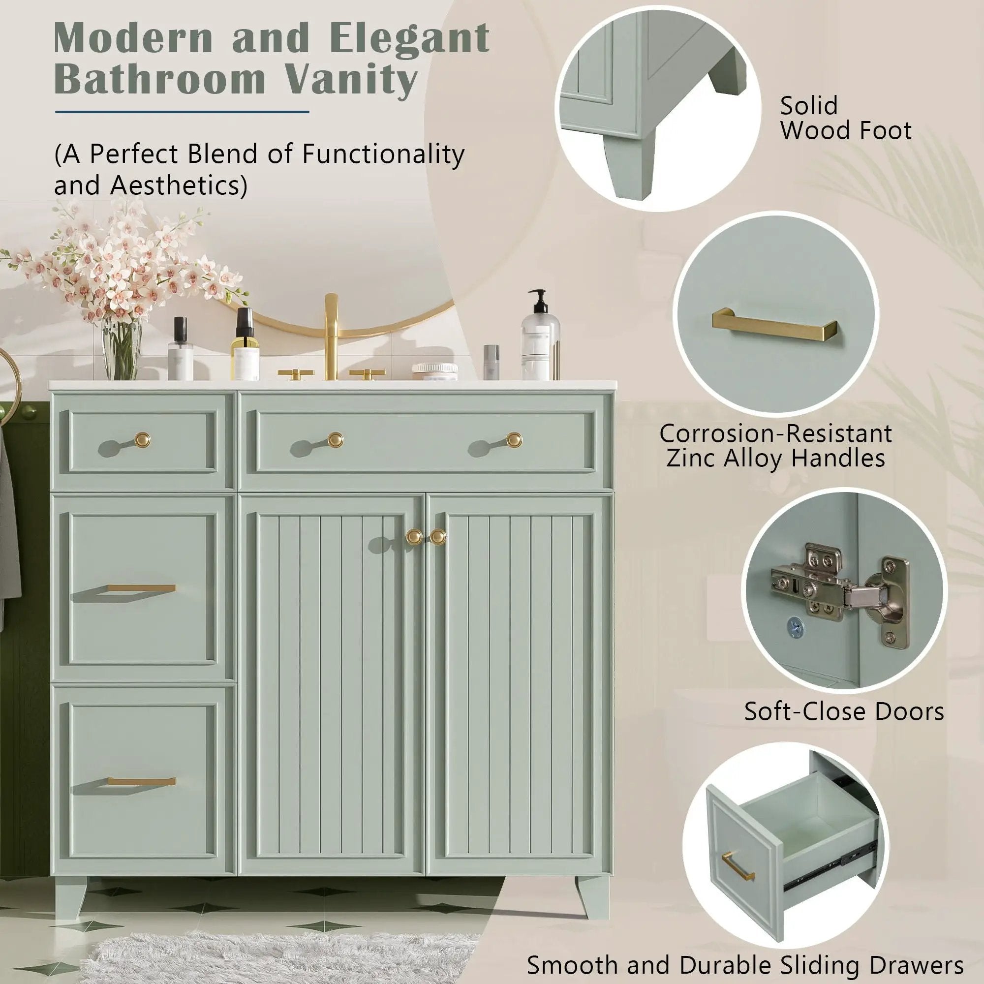 Bathroom Vanity With Sink, Soft Close Doors, Adjustable Shelves