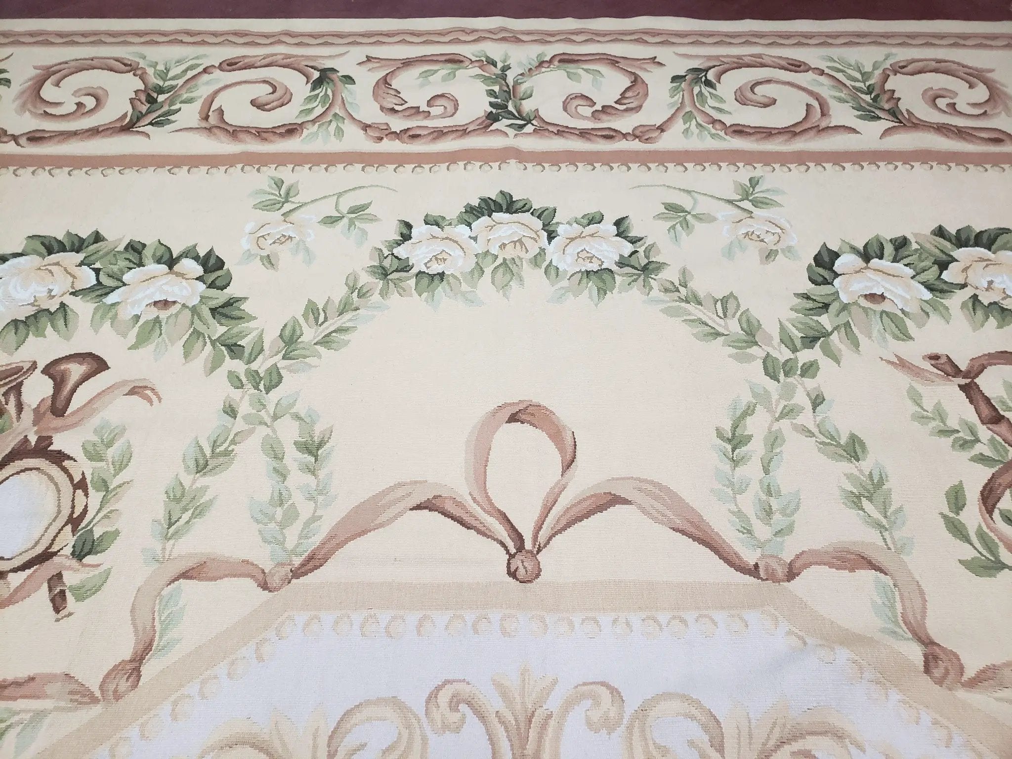 Elegant Aubusson Rug 10 x 14, Cream and Ivory Simple Aubusson Floral Carpet, Hand-Woven, European, New Aubusson Rug, Wool Area Rug, Violins by Jewel Rugs