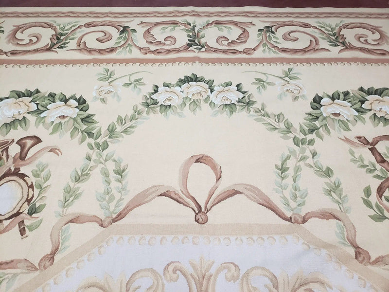 Elegant Aubusson Rug 10 x 14, Cream and Ivory Simple Aubusson Floral Carpet, Hand-Woven, European, New Aubusson Rug, Wool Area Rug, Violins by Jewel Rugs
