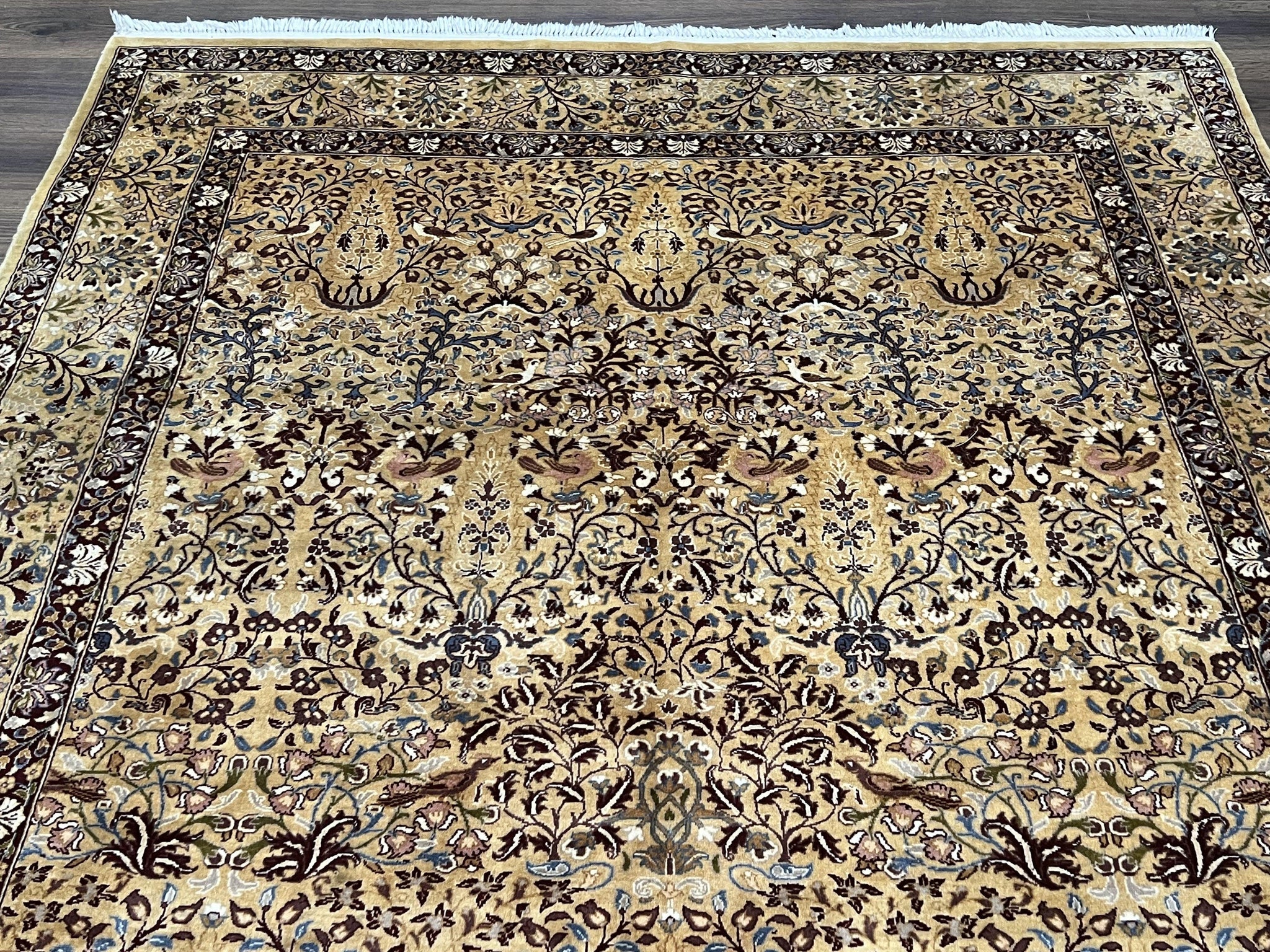 Pretty Indo Persian Rug 6x9, Allover Floral Motif with Birds, Tan/Cream, Very Fine Oriental Carpet, Hand Knotted Vintage Indian Wool Rug by Jewel Rugs