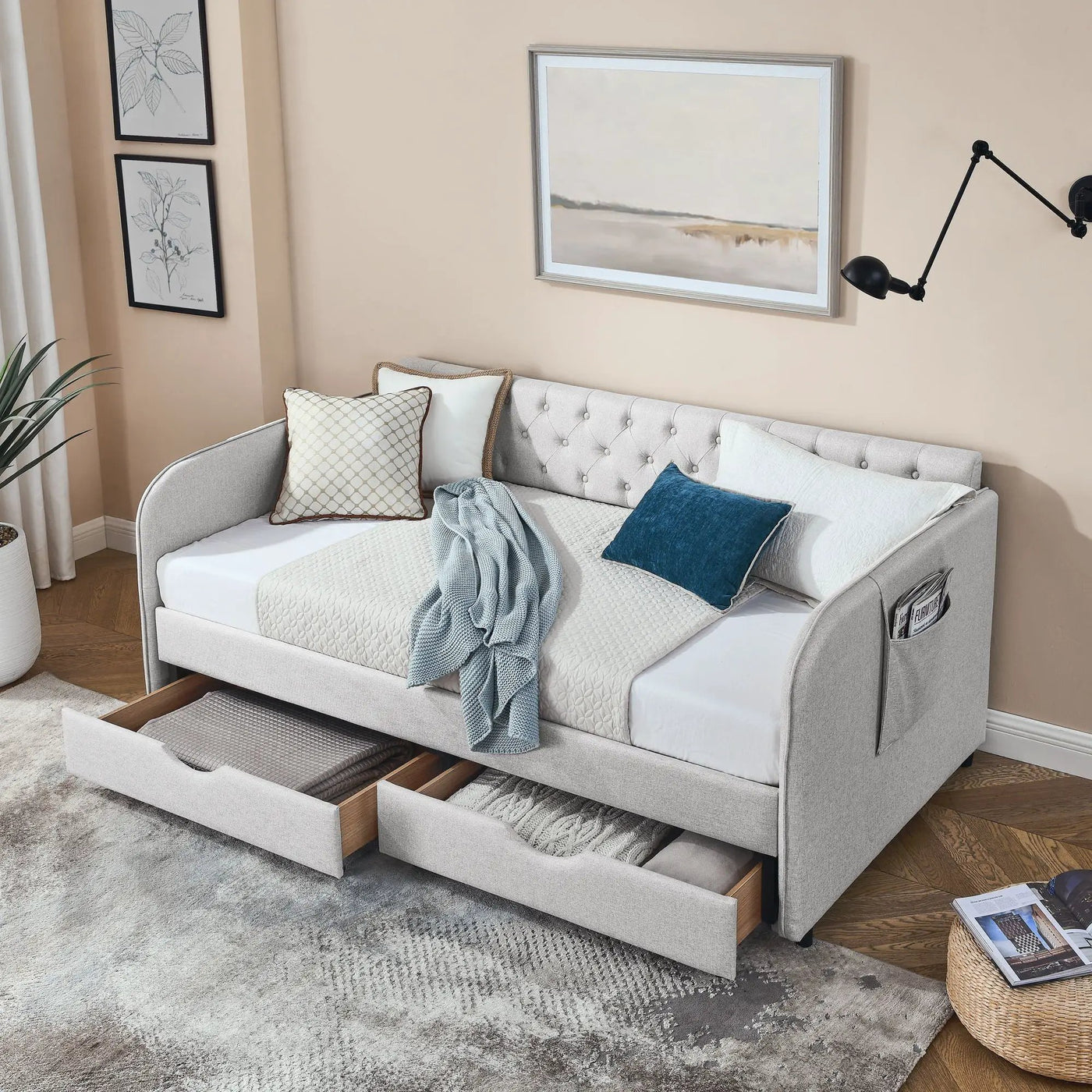 Daybed With Trundle And Storage Drawers, Flat Arms With Pocket by Unique Piece Furniture