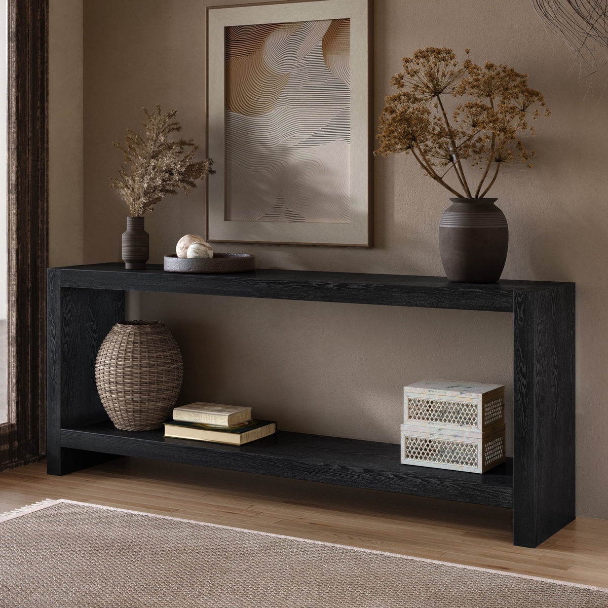 63-Inch Large Farmhouse Console Table, 2-Tier Rustic Entryway Table with Wood Veneer, Vintage Sofa Table for Behind Couch, Living Room, Hallway, Easy Assembly, photo 4 of 10