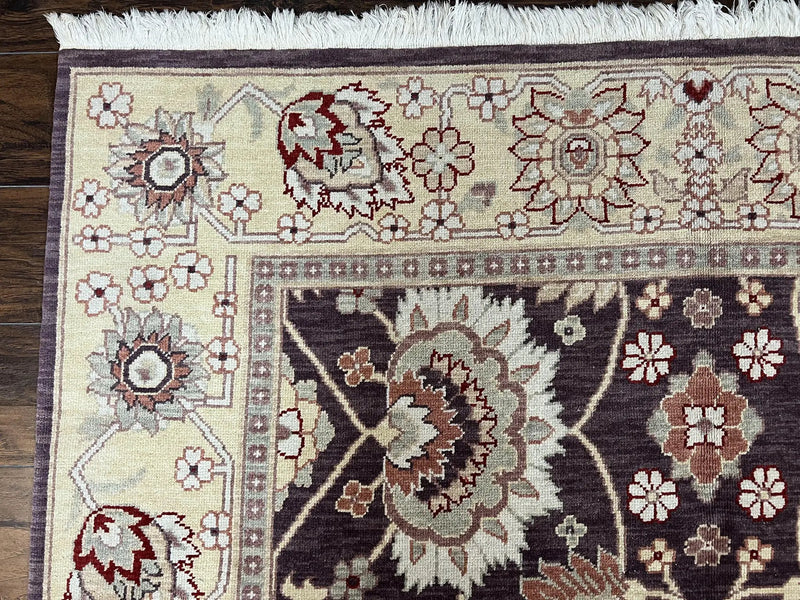 Vintage Indo Mahal Area Rug 6x9, Indian Persian Oriental Carpet 6 x 9, Puce Eggplant Tan Beige Rug, Hand-Knotted, Large Floral Design Wool by Jewel Rugs
