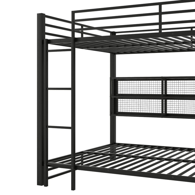 Queen Over Queen Bunk Bed With Storage Cabinets And LED Sturdy Frame, 6 Storage Units, Adjustable LED Lights - Black by HouseOfZazla