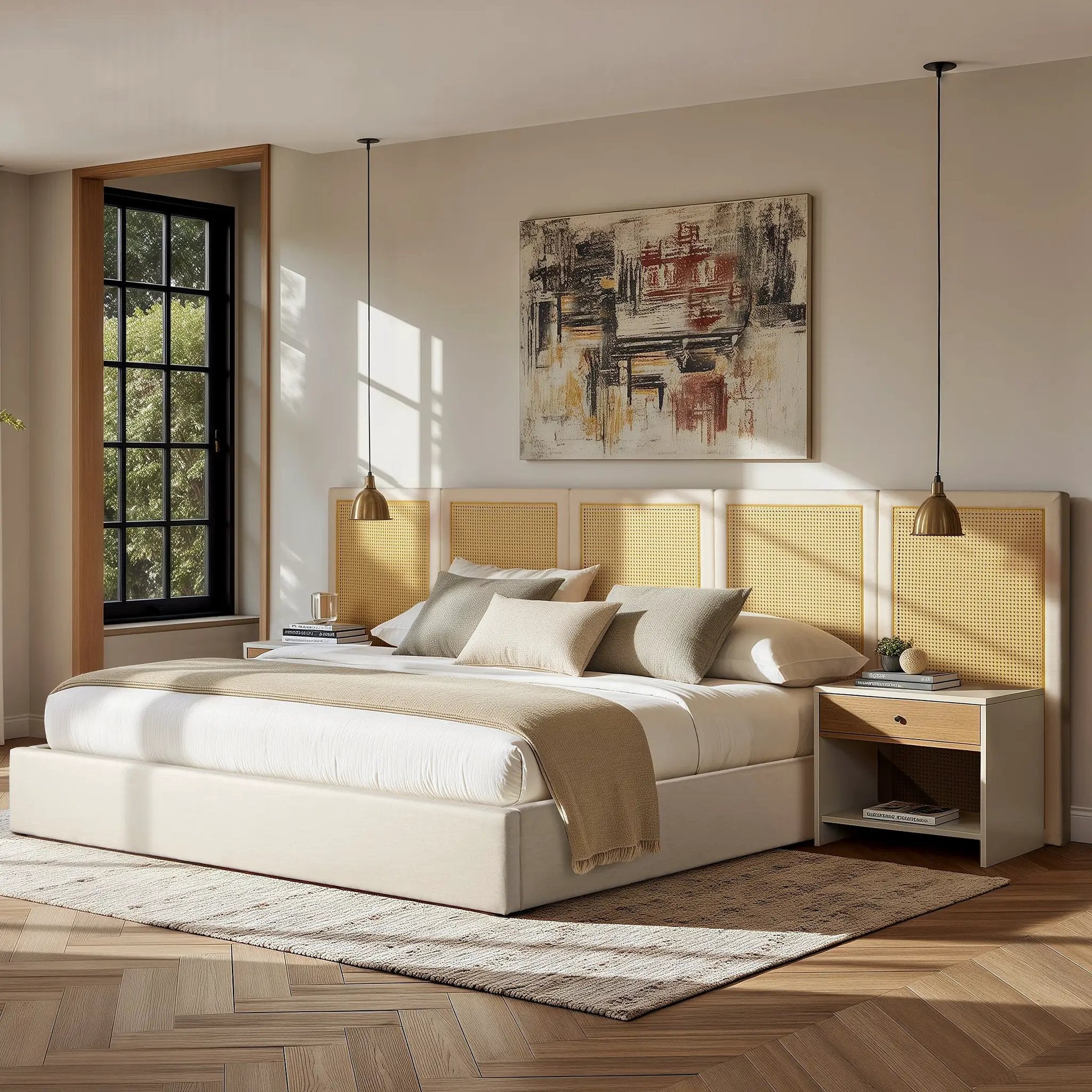 Capri Extended Headboard Cane Platform Bed, Antique by HouseOfZazla