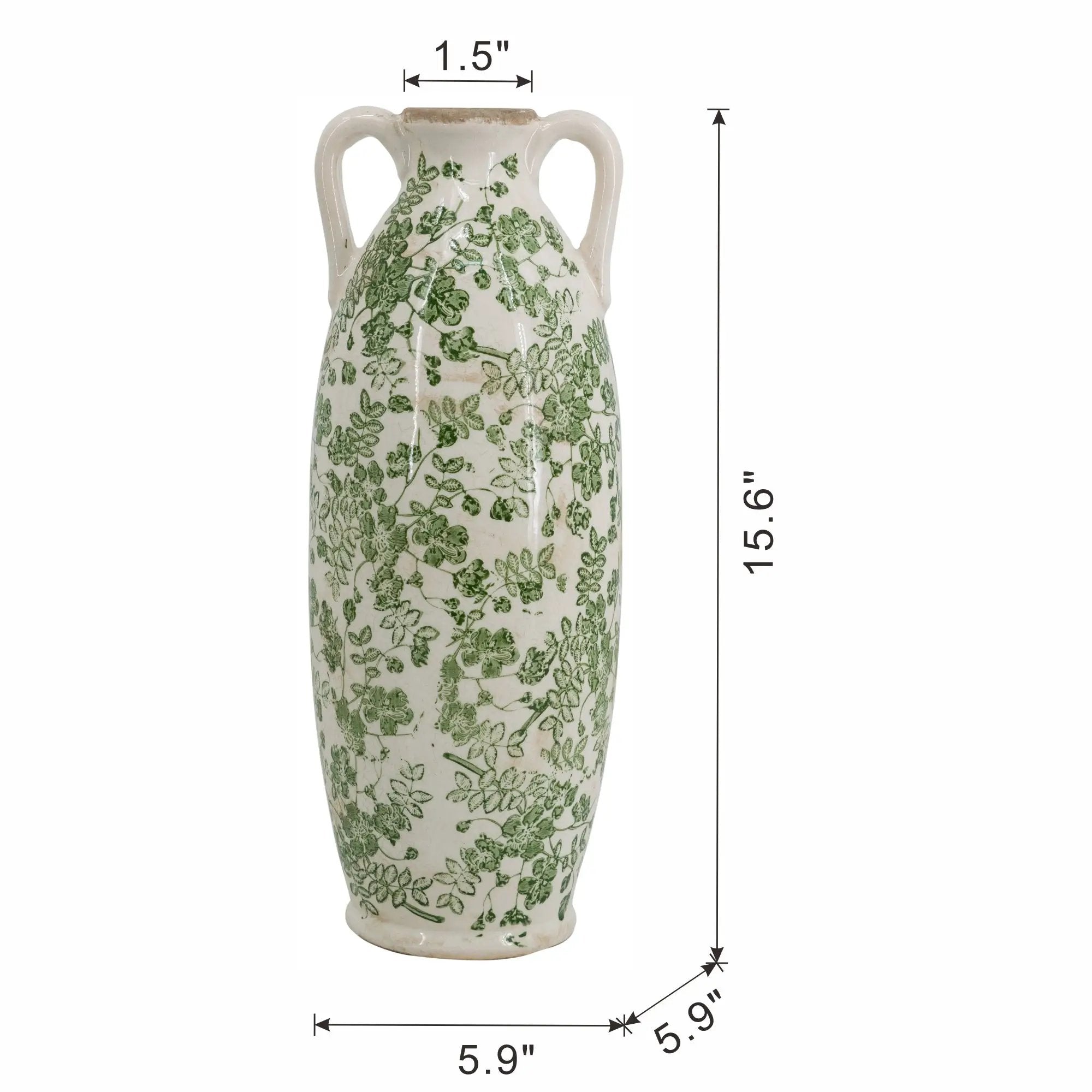 5.9x5.9x15.6' White Ceramic Flower Vase with Green Floral Pattern and Small Handles by HouseOfZazla