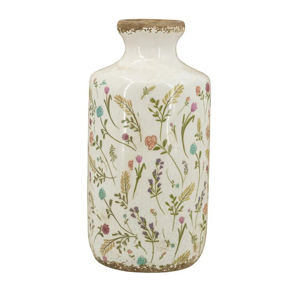 D5.3x10.6' Ceramic Cylinder Vase with Multi-Colored Floral Motifs