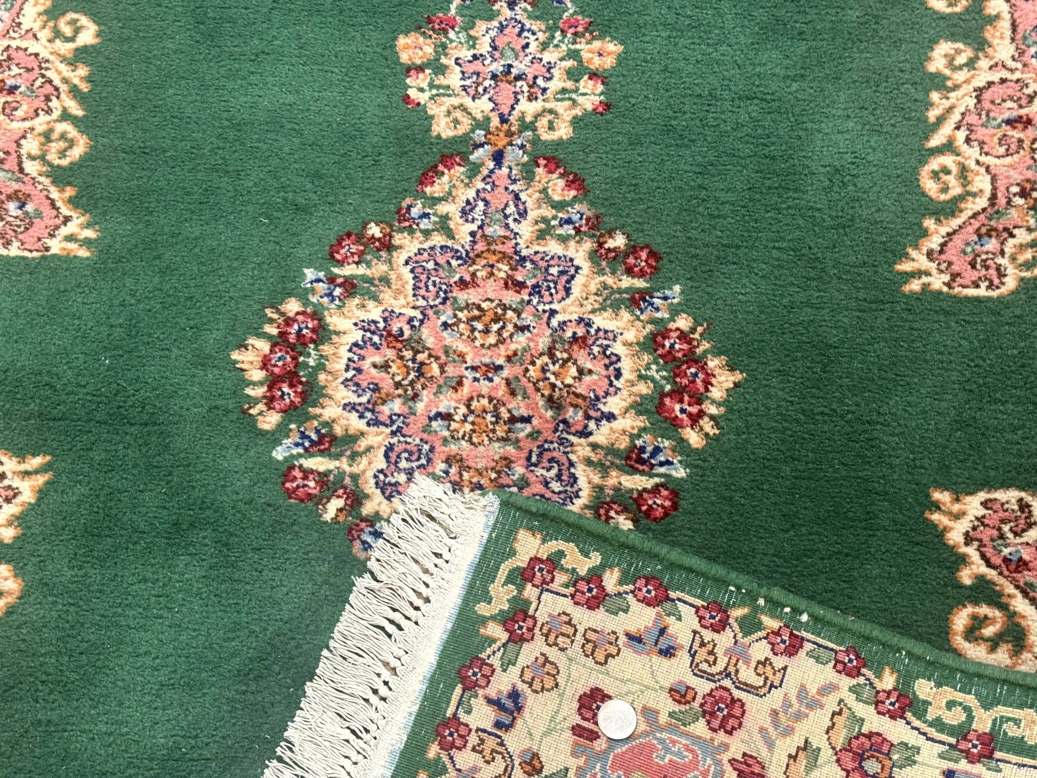 Green Persian Kerman Rug 4x6, Semi Open Field, Green & Cream, Vintage by Jewel Rugs