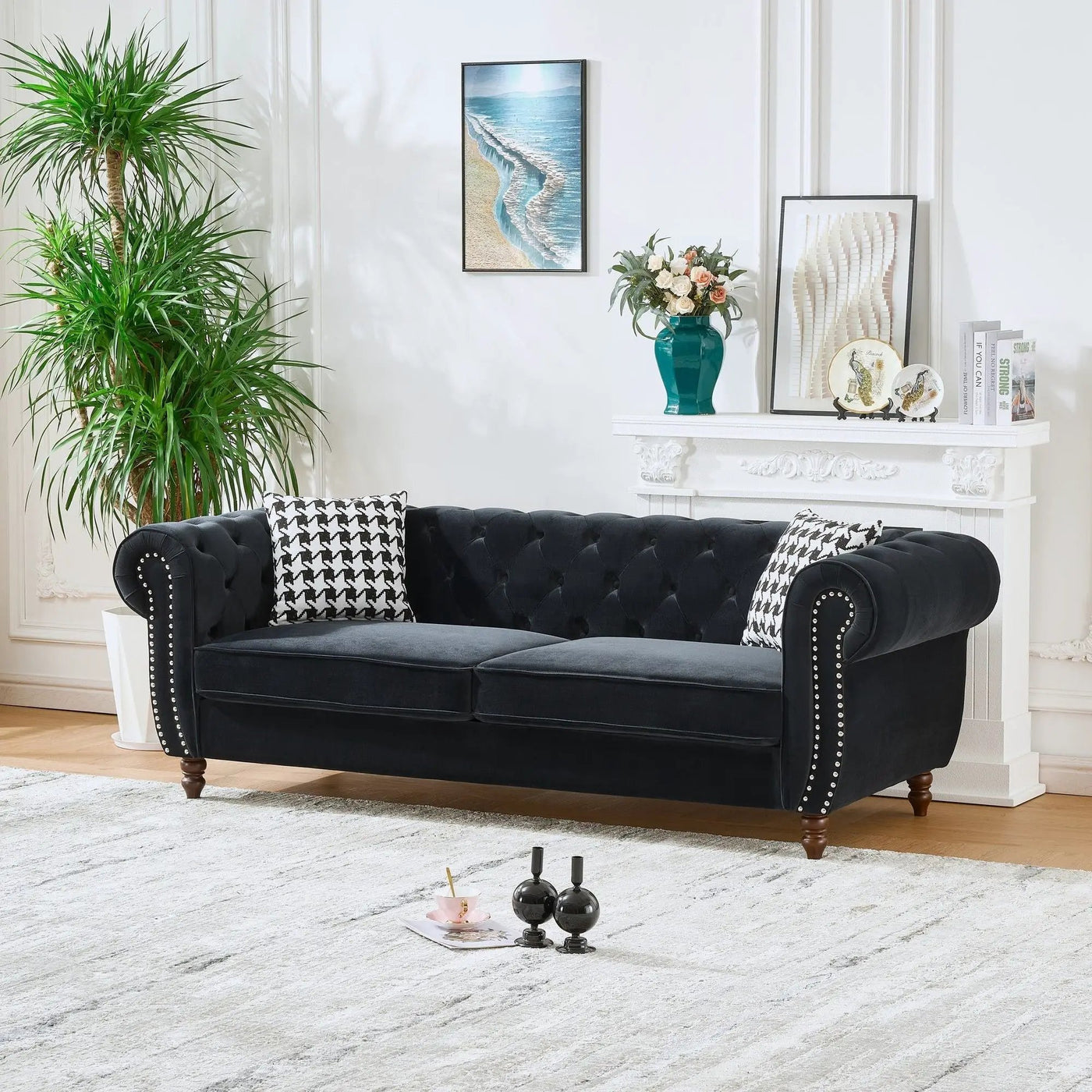 Chesterfield Upholstery Fabric Sofa With Roll Armrest & Nailhead by HouseOfZazla
