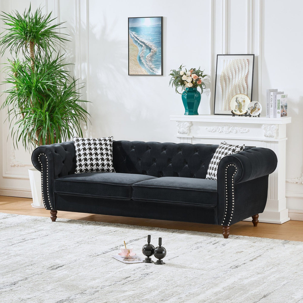 Chesterfield Upholstery Fabric Sofa with Roll Armrest & Nailhead – Dark Gray or Black, photo 6 of 8