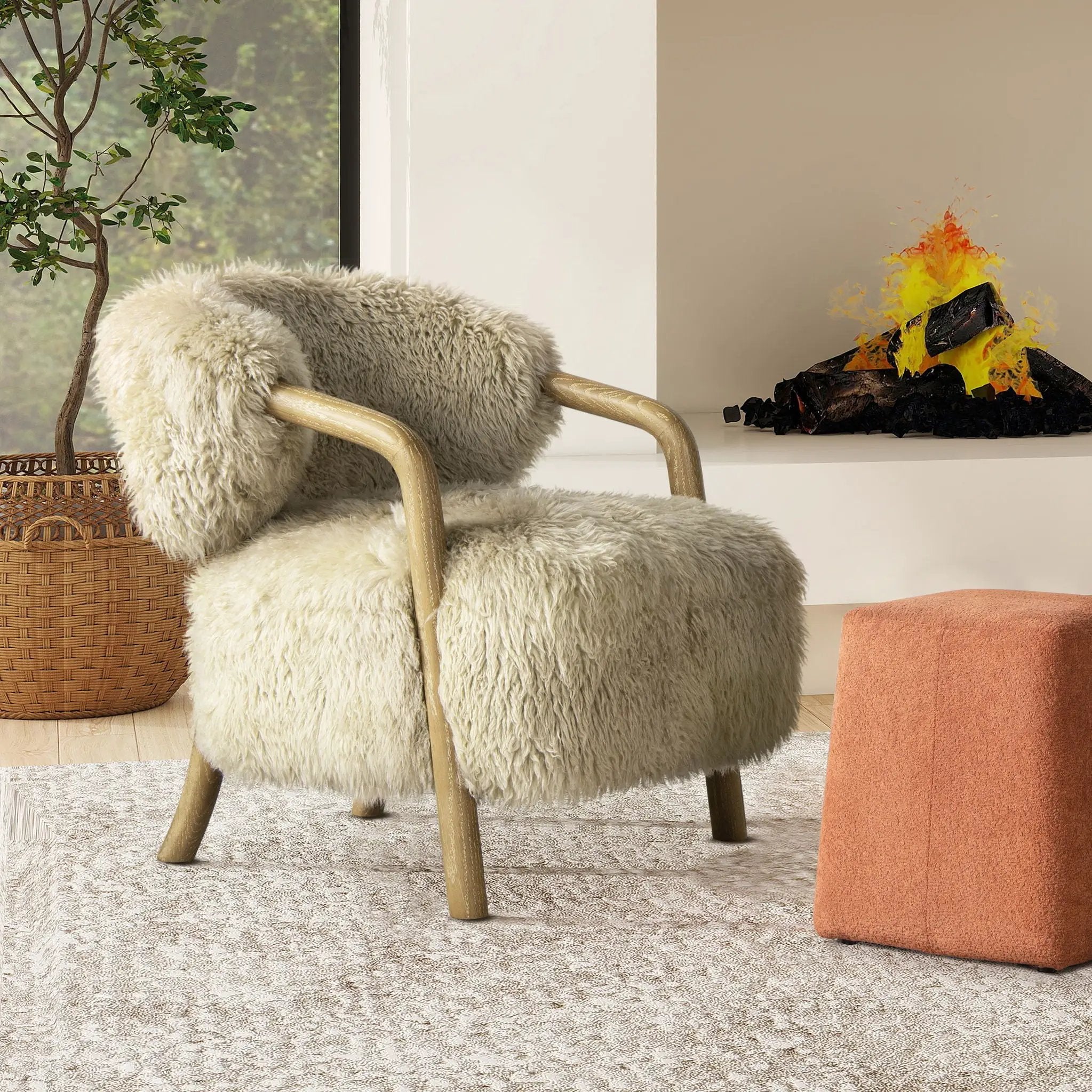 Becker - Rustic Oak Sheepskin Upholstered Accent Arm Chair - Taupe Beige by Unique Piece Furniture
