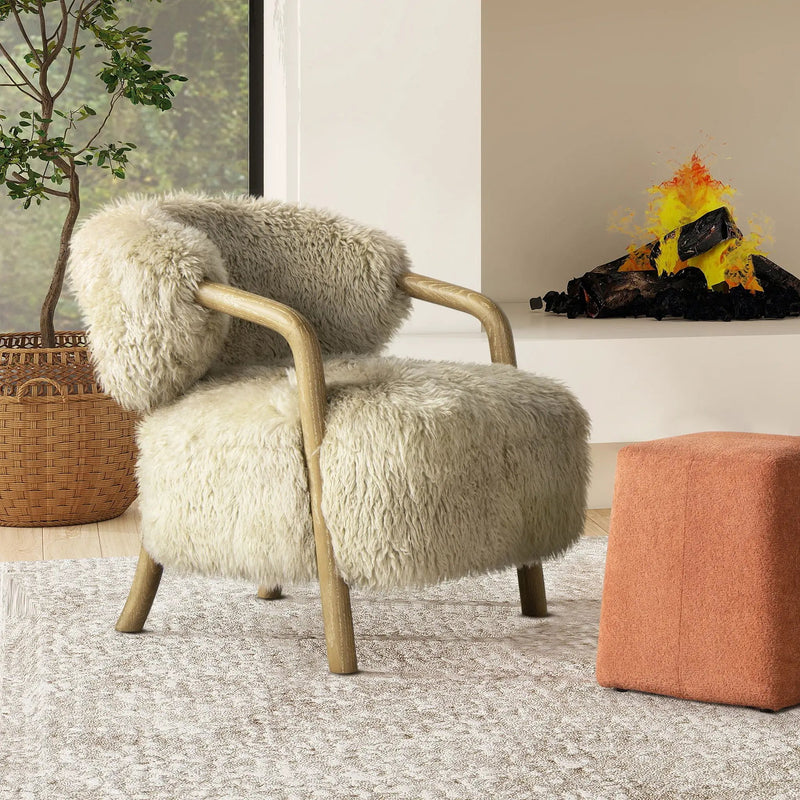 Becker - Rustic Oak Sheepskin Upholstered Accent Arm Chair - Taupe Beige by Unique Piece Furniture