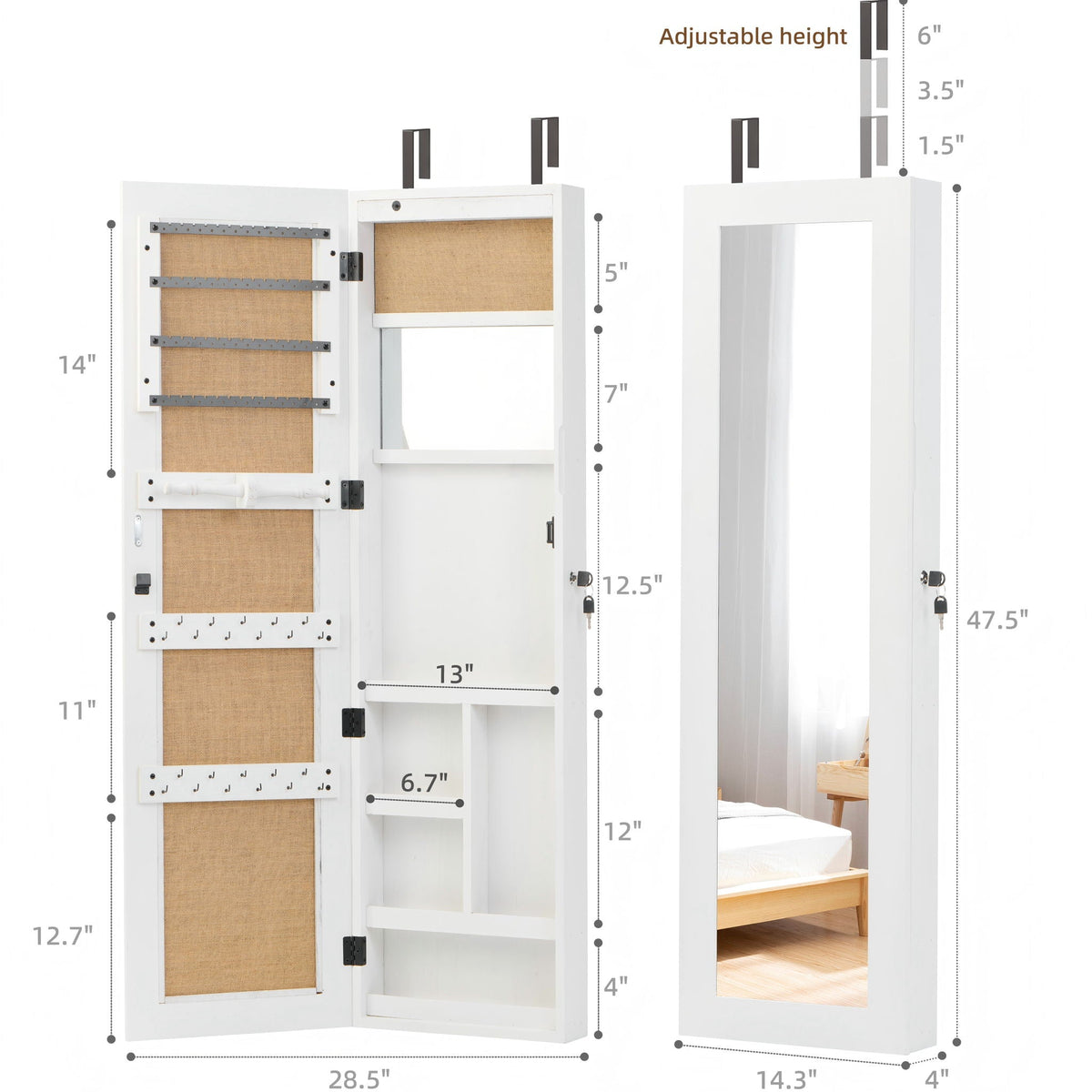 Jewelry Armoire Organizer with Full Length Mirror and LED Light - White, Dark Brown, Light Brown, photo 10 of 12