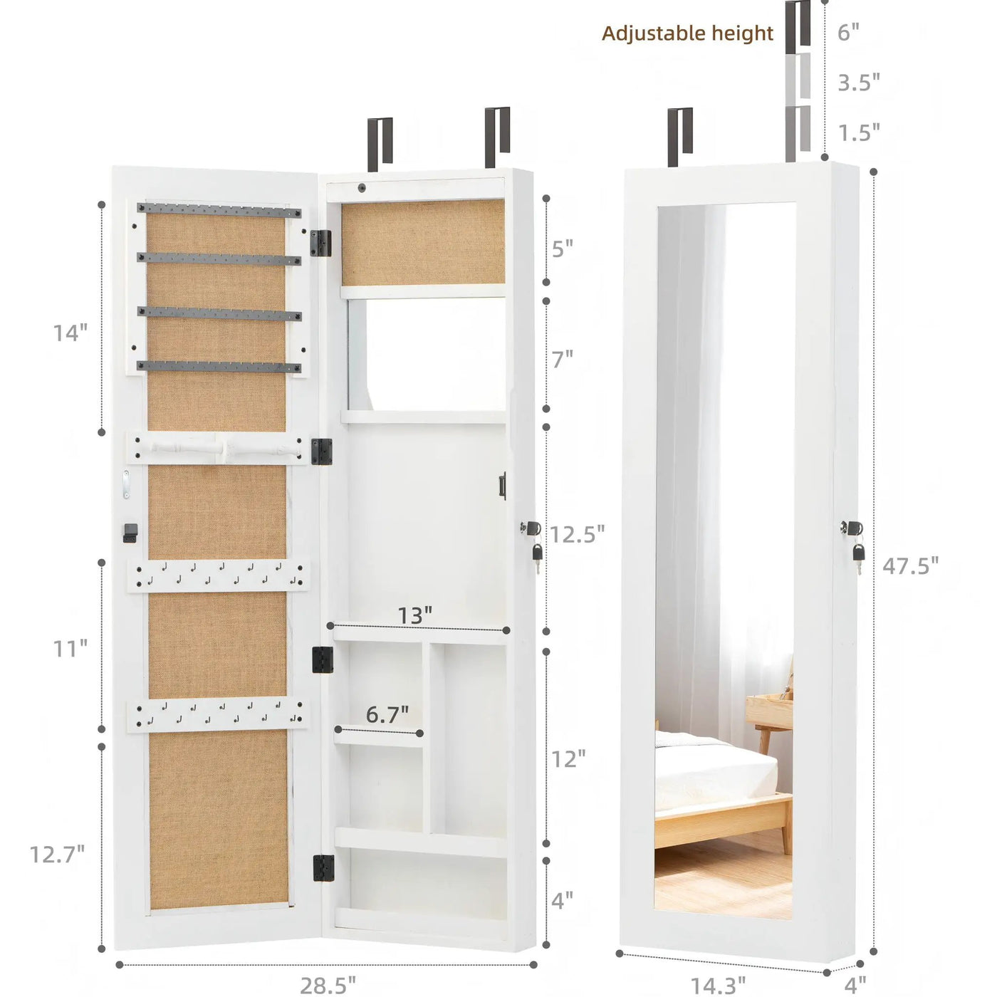 Jewelry Armoire Organizer With Full Length Mirror, Wall Mounted Lockable Cabinet With LED Light by Unique Piece Furniture