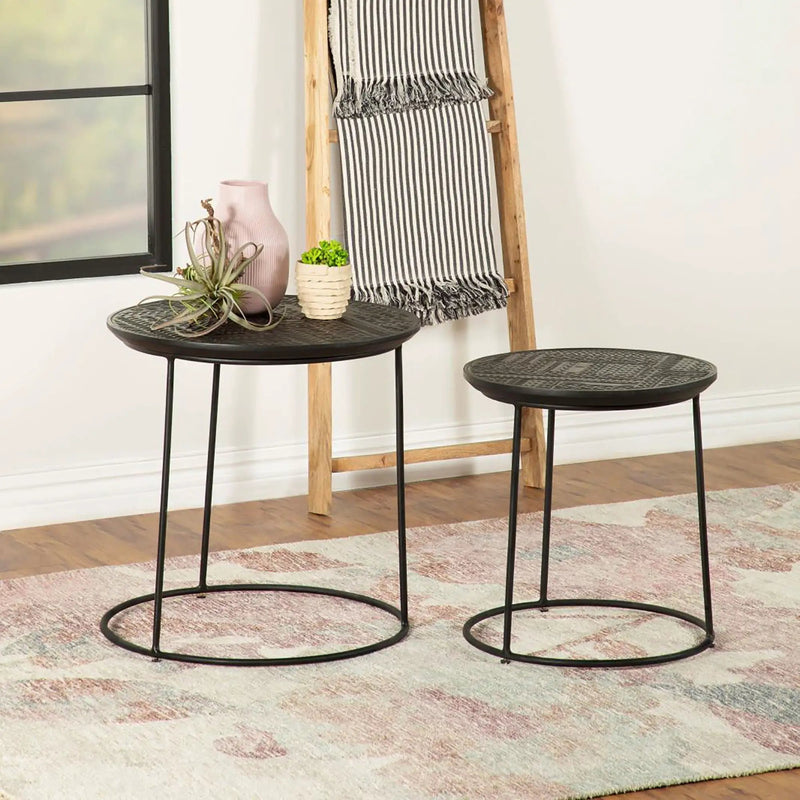 2 Piece Nesting Table With Embossed Tops And Base - Black by HouseOfZazla