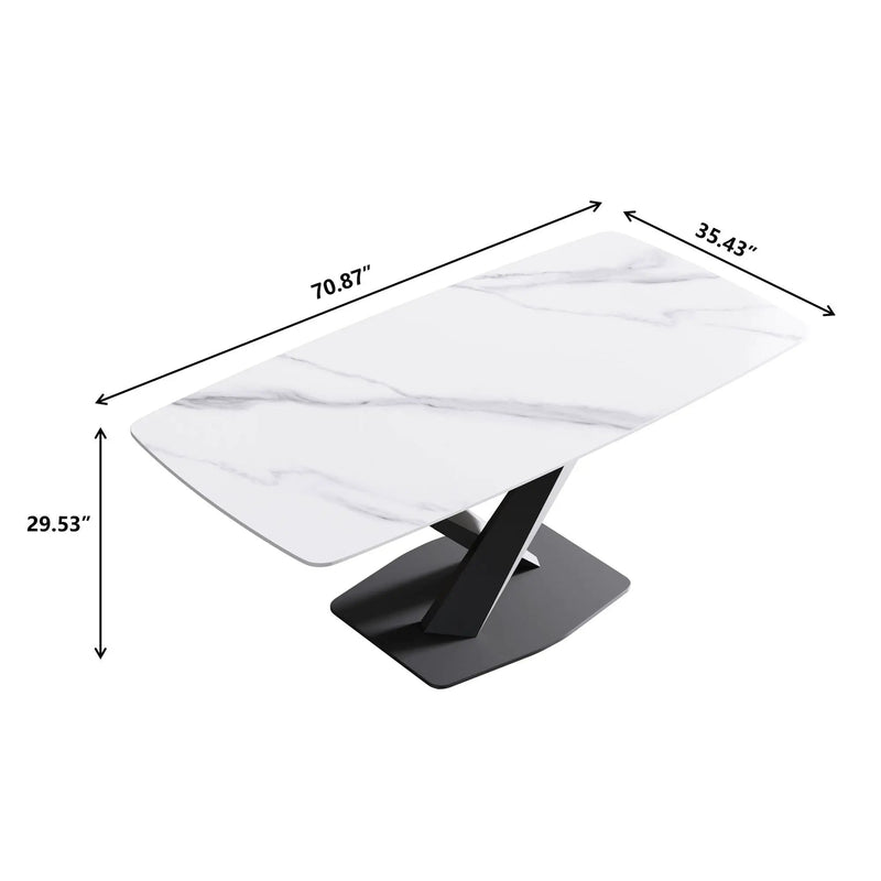 70.87" Modern Artificial Stone White Curved Black Metal Leg Dining Table, Can Accommodate 6-8 People - White / Black by HouseOfZazla