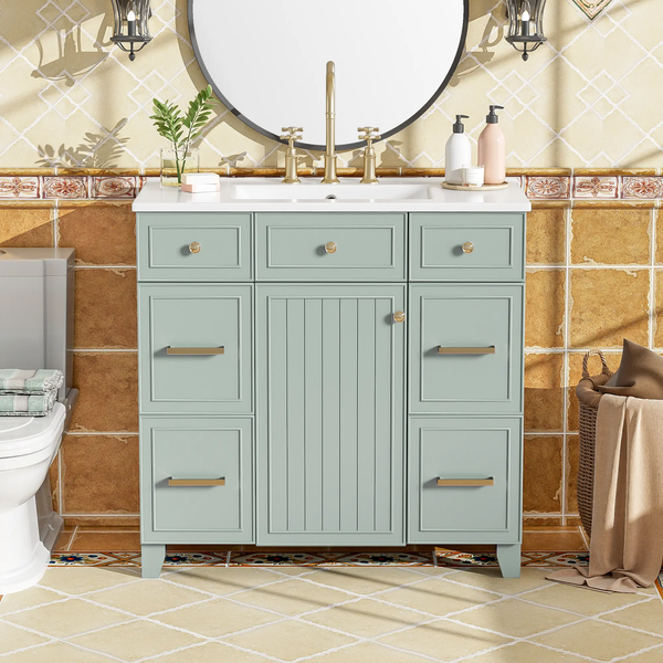 36" Green Bathroom Vanity with Ceramic Sink