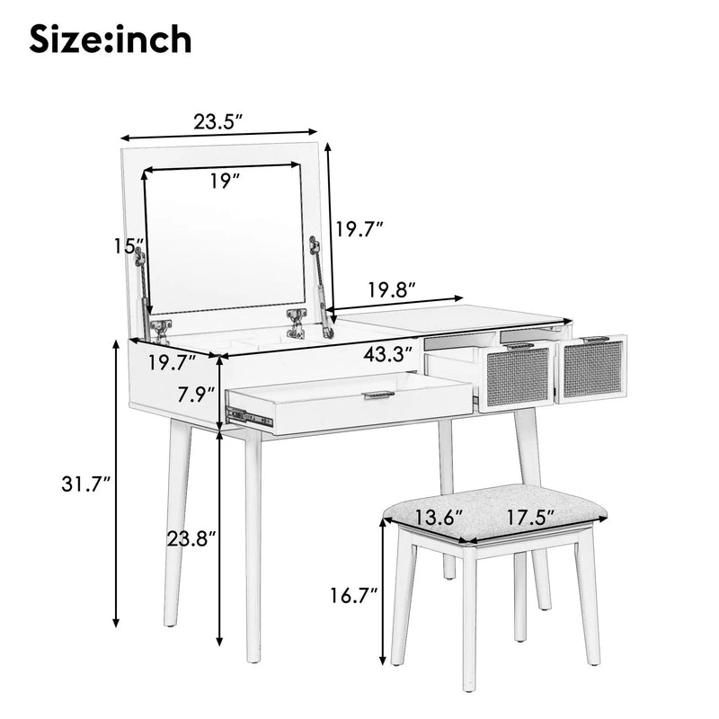 Classic Wood Makeup Vanity Set With Flip-Top Mirror And Stool, Dressing Table With Three Drawers And Storage Space by HouseOfZazla