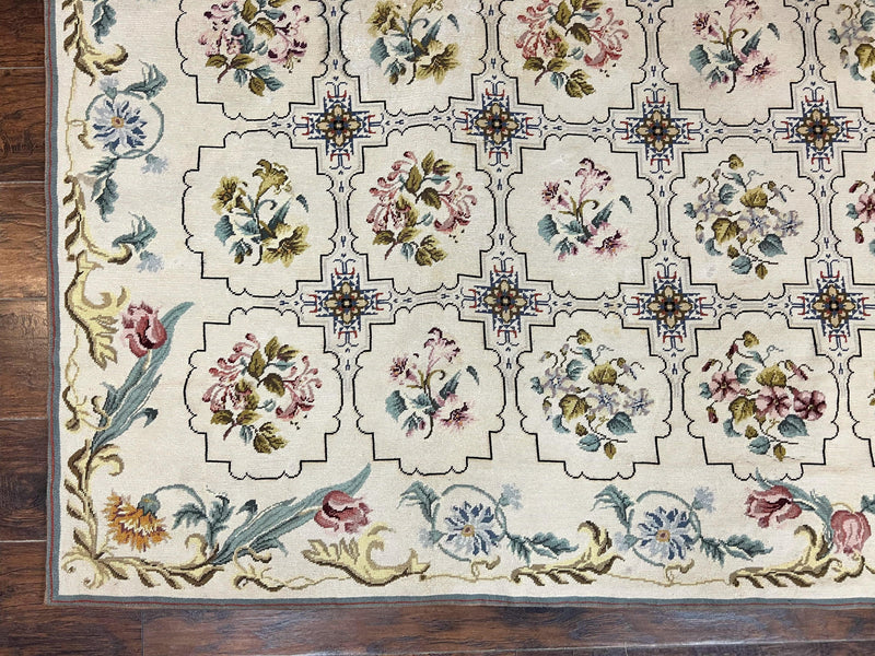 Needlepoint Rug 10x14, Wool Handmade Vintage Needlepoint Carpet, Floral Panel Design, Ivory/Cream by Jewel Rugs