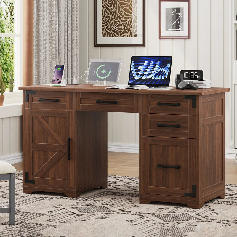 55" Farmhouse Executive Desk with Charging Station by HouseOfZazla