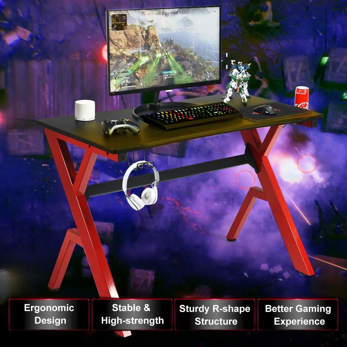 Ergonomic Gaming Desk with Carbon Fiber Surface and R-Shape Steel Frame by DirectDeals