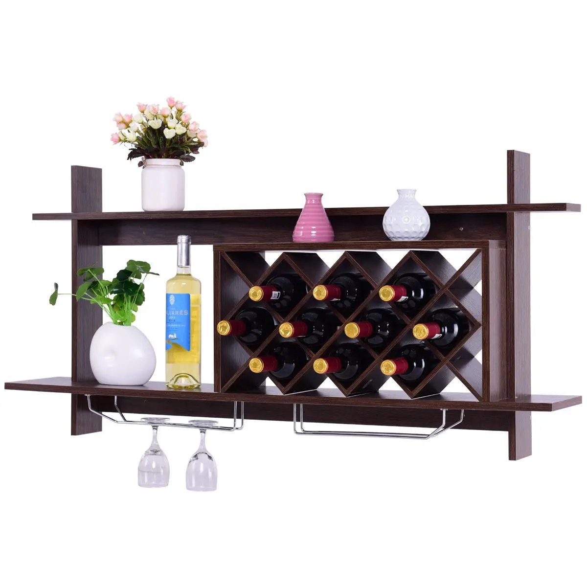 Wall Mount Wine Rack with Glass Holder & Storage Shelf-Walnut by DirectDeals