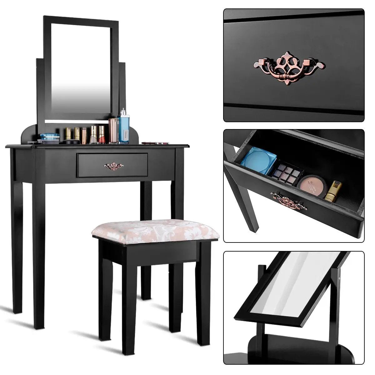Vanity Dressing Table Stool Set with Large Makeup Mirror by DirectDeals