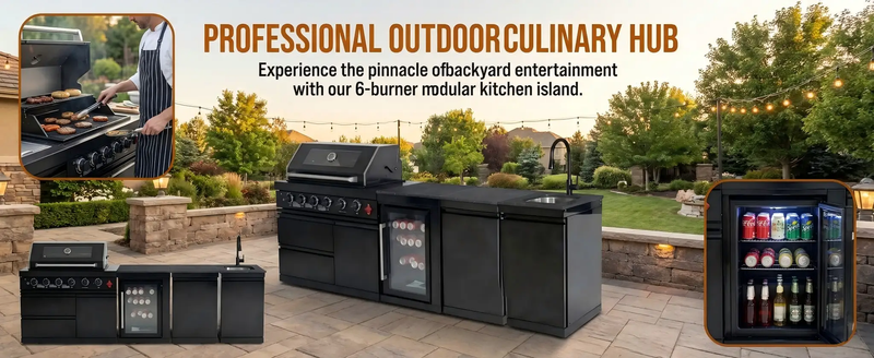 104" 4-Burner 72,000 BTU Black Outdoor Kitchen Bar Barbecue Island Grill + Wine Cooler + Sink by Chery Industrial