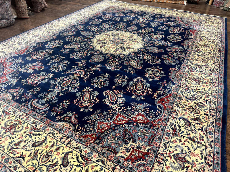 Sino Persian Kerman Rug 10x14, Blue and Beige, Floral Medallion, Fine 240 KPSI by Jewel Rugs