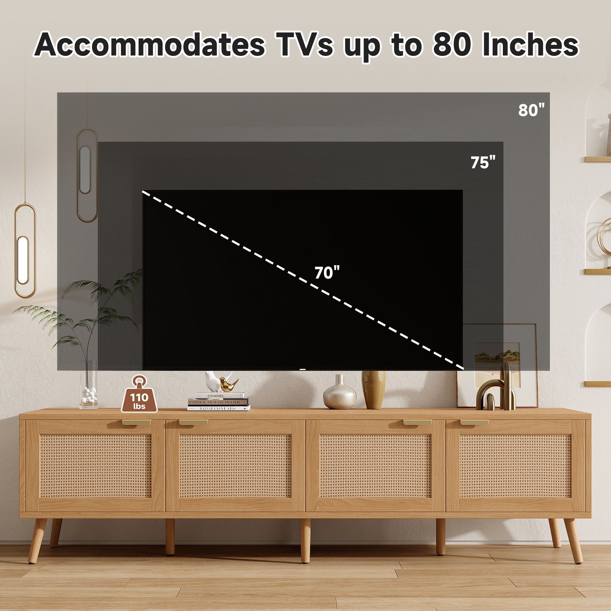 TV Stand With Storage & Cable Holes - Natural Wood